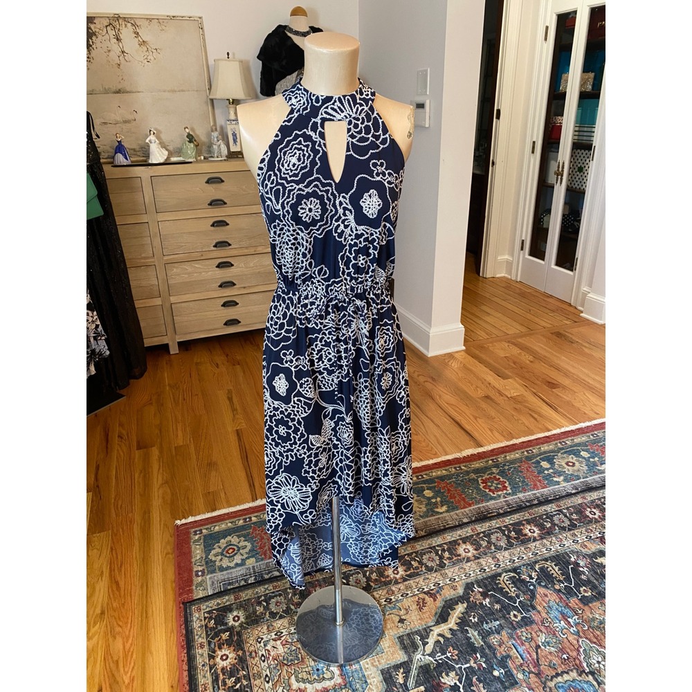 En Focus Studio Navy Blue Floral High-Low Halter Dress Size 6 12650/VTU171471RS